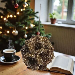 Honey Comb Tinsel Christmas Ornament 6" Metallic Gold Geometric Pom Pom Decor